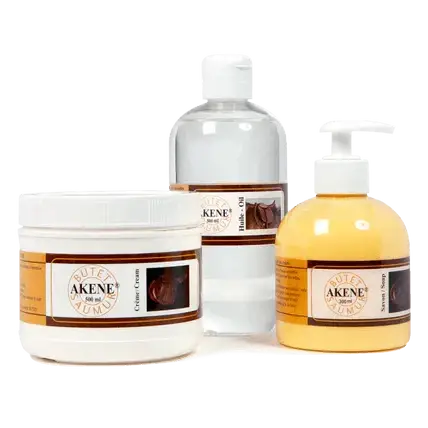 Butet Akene Leather Care set featuring a 500ml leather oil bottle, cream, and soap for premium horse tack maintenance.