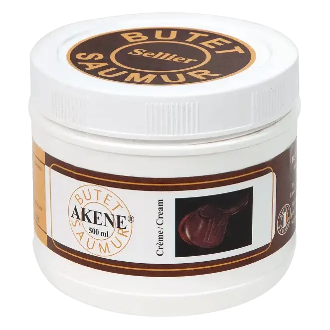 Butet Akene Leather Cream in a 500ml white container with a brown label, designed for conditioning saddles and bridles.