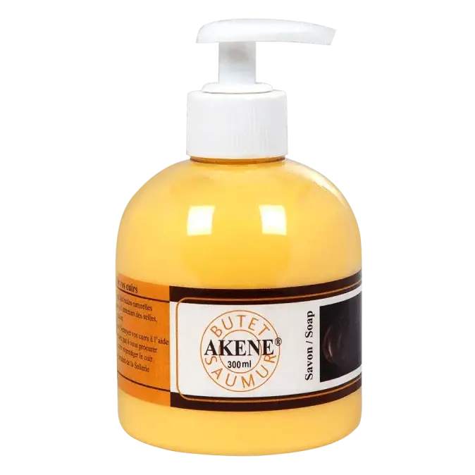 Butet Akene Leather Soap in a 300ml pump bottle, designed for cleaning and maintaining saddles, bridles, and horse tack with natural oils.