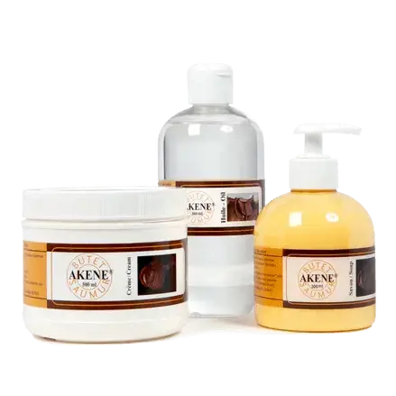 Butet Akene leather care set featuring leather soap, cream, and oil for comprehensive cleaning and maintenance of horse tack and saddles.