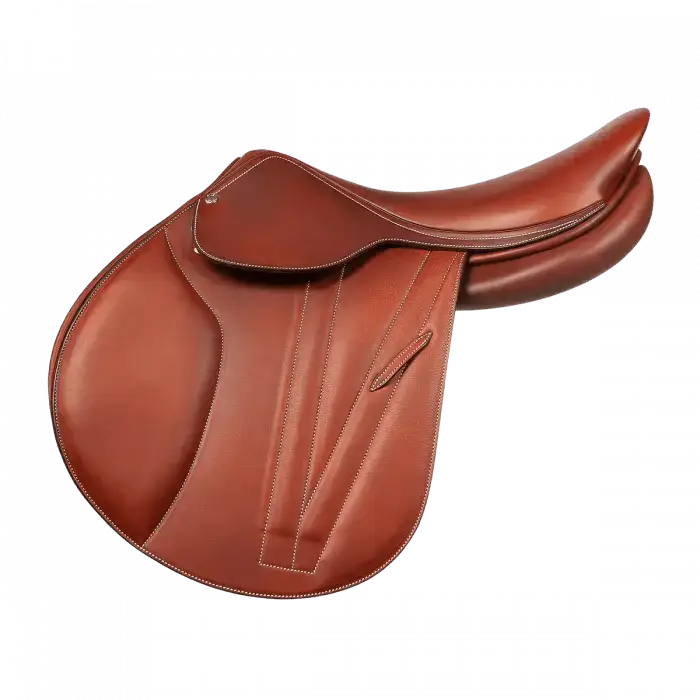 Butet Premium Jump Saddle in rich brown leather, showcasing fine craftsmanship and ergonomic design for optimal jumping performance.