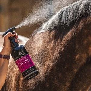 Canter Mane and Tail Conditioner Spray being applied to a horse's mane for a sleek, tangle-free, and soft result.