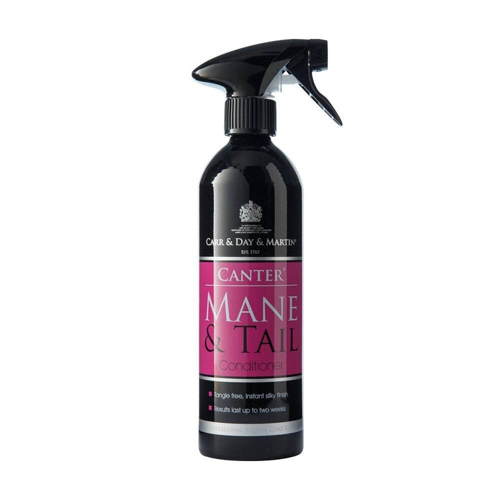Canter Mane and Tail Conditioner Spray in a sleek black bottle with a trigger spray nozzle, ideal for detangling horse hair.