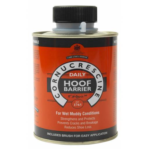 CDM Cornucrescine Daily Hoof Barrier in a red and black container with a brush applicator, designed for hoof care and protection in wet conditions.