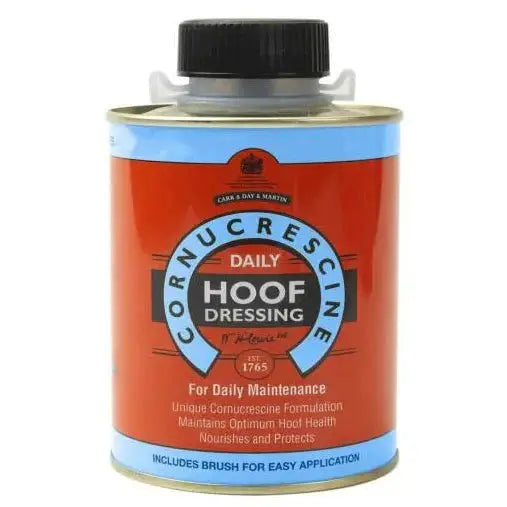 CDM Cornucrescine Daily Hoof Dressing tin with red and blue design, featuring a built-in brush for easy application. Ideal for horse hoof care and maintenance.