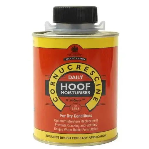 CDM Cornucrescine Daily Hoof Moisturiser in a red and yellow tin with a black cap, designed for hoof care in dry conditions.