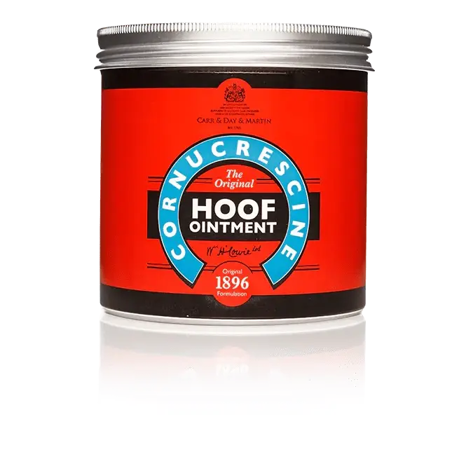 CDM Cornucrescine Original Hoof Ointment in a red and black container with a silver lid, designed for equine hoof care and maintenance.