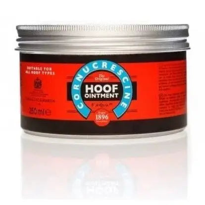 250ml CDM Cornucrescine Original Hoof Ointment in a red and black jar with a silver lid, ideal for horse hoof health and conditioning.