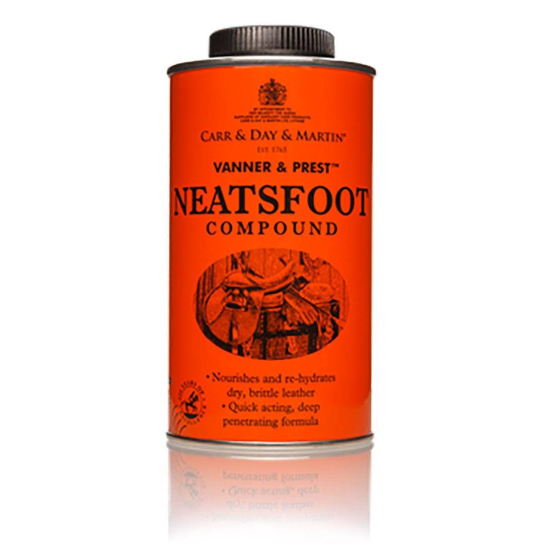 Vanner & Prest Neatsfoot Compound by Carr & Day & Martin in an orange tin with black cap, ideal for nourishing and protecting leather tack.