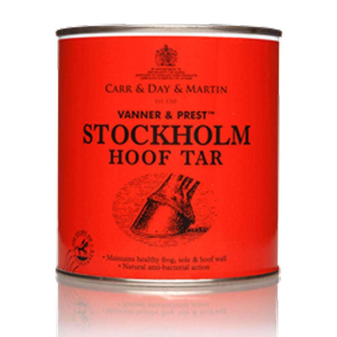 Vanner & Prest Stockholm Tar by Carr & Day & Martin in a red tin, designed for horse hoof care with natural antibacterial properties.