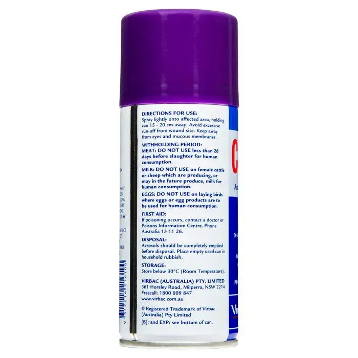 Back label of Virbac Cetrigen Antiseptic Aerosol Spray showing directions for use, storage instructions, and product details.