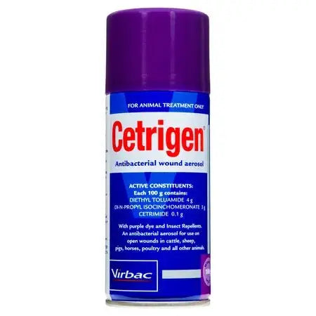 Virbac Cetrigen Antiseptic Aerosol Spray with purple cap, designed for treating minor cuts and abrasions on horses and livestock.