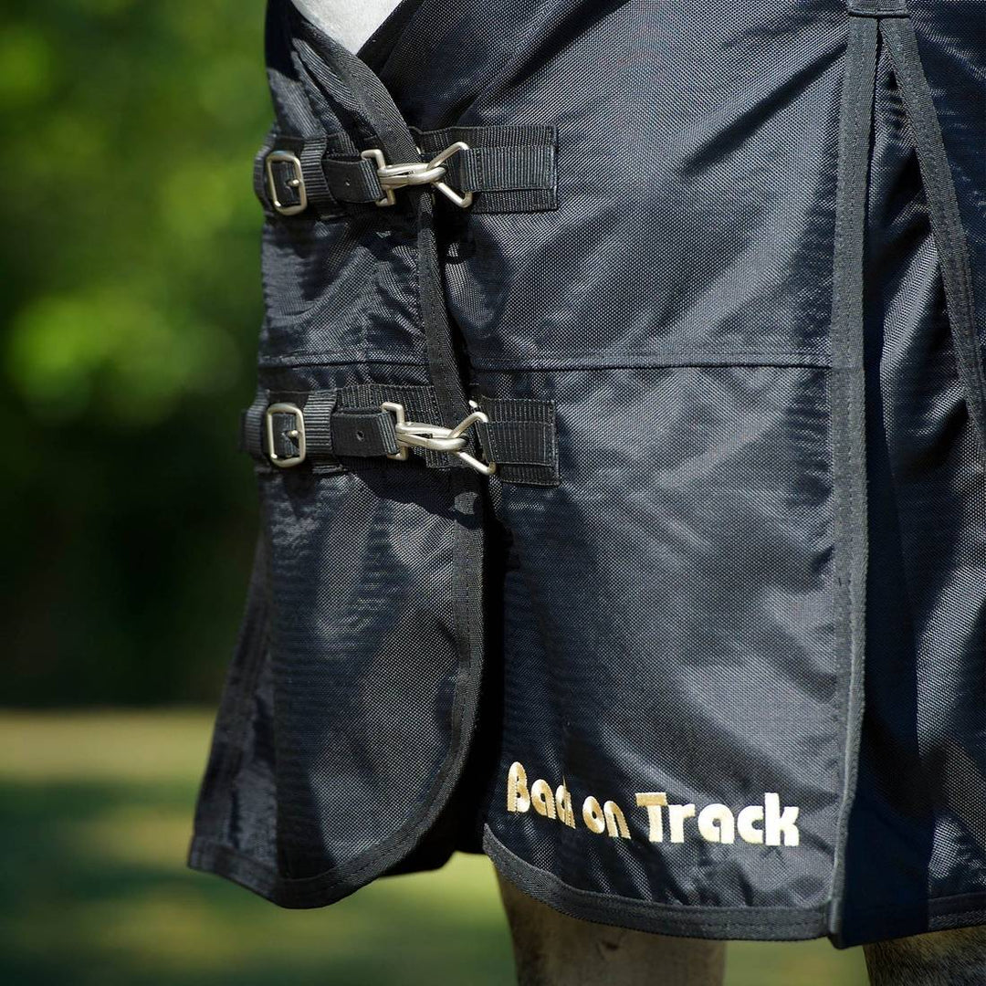 Close-up of the Classic Turnout Rain Rug's front buckles and straps, showcasing durable construction and secure fit.