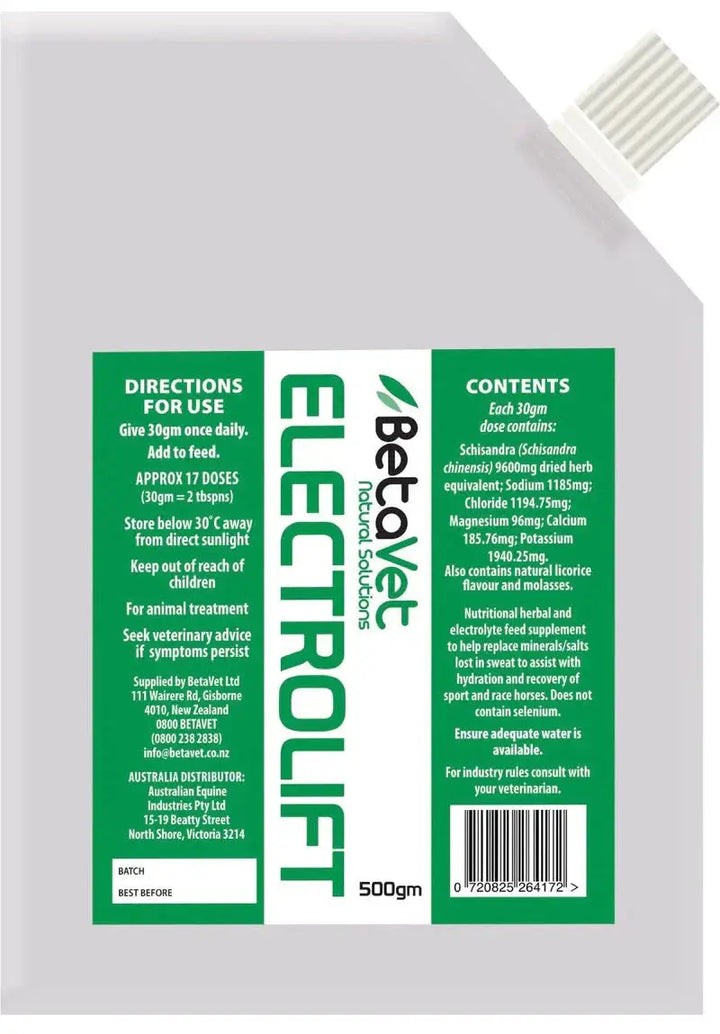 Electrolift equine electrolyte powder, 500gm pack with directions and ingredients, supports hydration and recovery for sport horses.