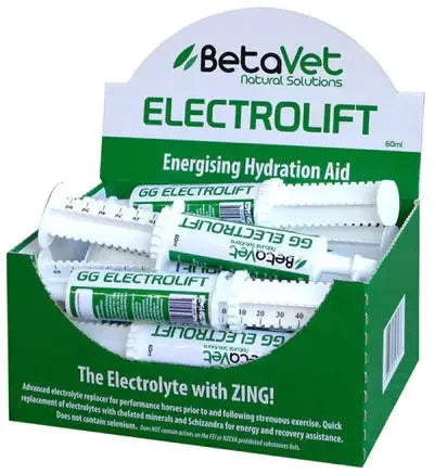 Box of Electrolift equine electrolyte syringes for hydration and performance, energizing aid with no selenium, 50ml tubes.