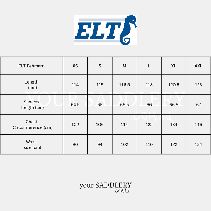 Size chart for the ELT Fehmarn Long Riding Raincoat, detailing measurements for length, sleeve length, chest circumference, and waist size.