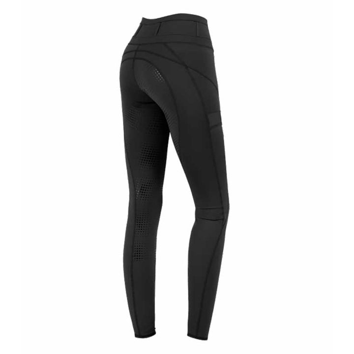 Rear view of black ELT Hanna High Waist Leggings, showcasing the silicone grip and contoured fit for enhanced riding performance.