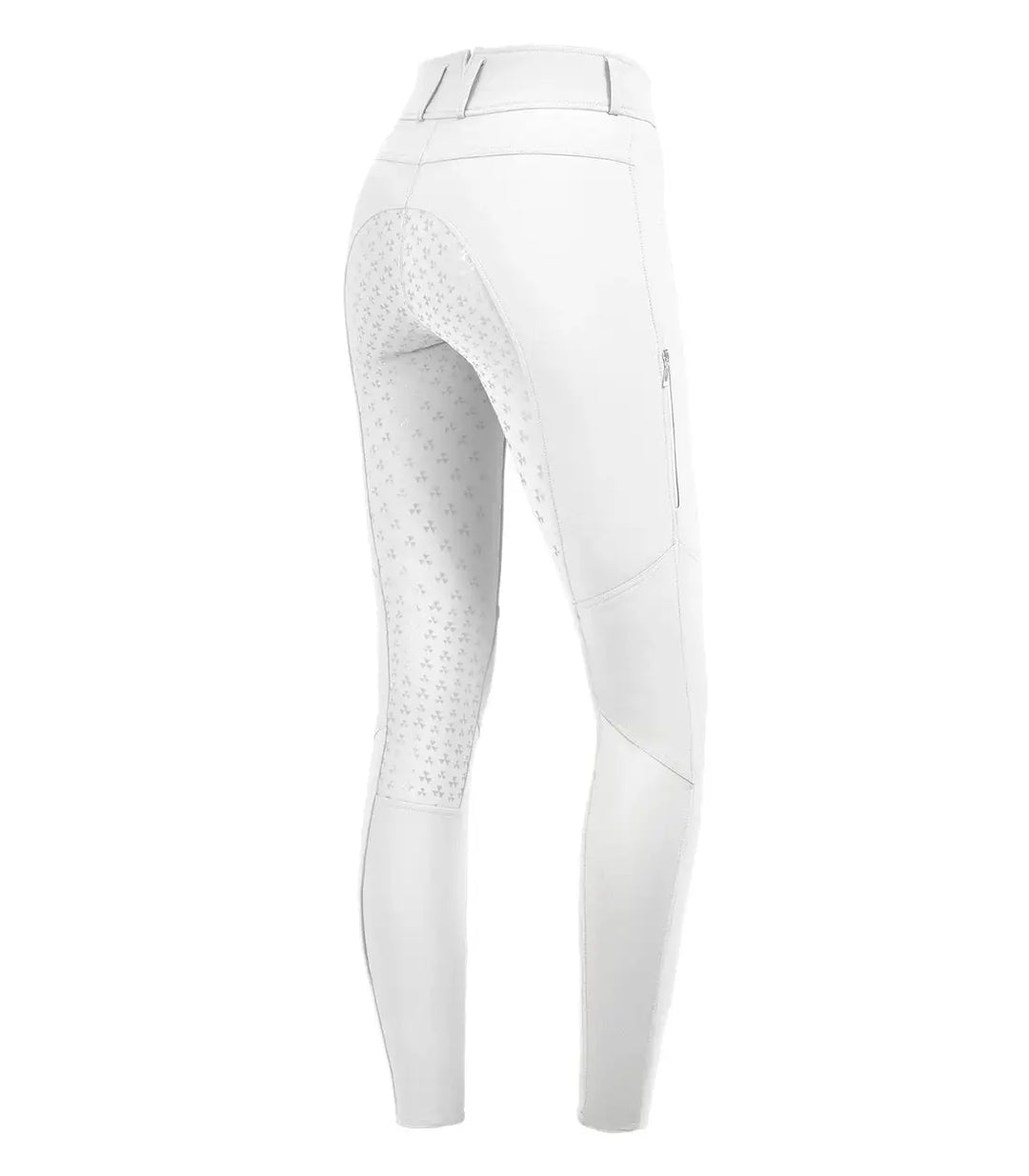 Back view of white ELT Hella High Waist Silicone Breeches showcasing silicone full seat, high waist, and elastic leg cuffs.