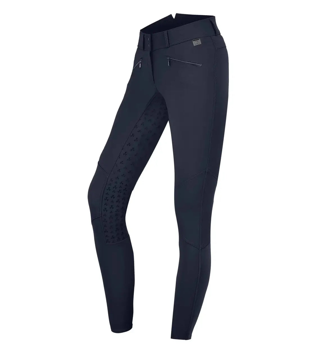 Navy ELT Hella High Waist Silicone Breeches with silicone full seat, zip pockets, and breathable, water-repellent fabric.