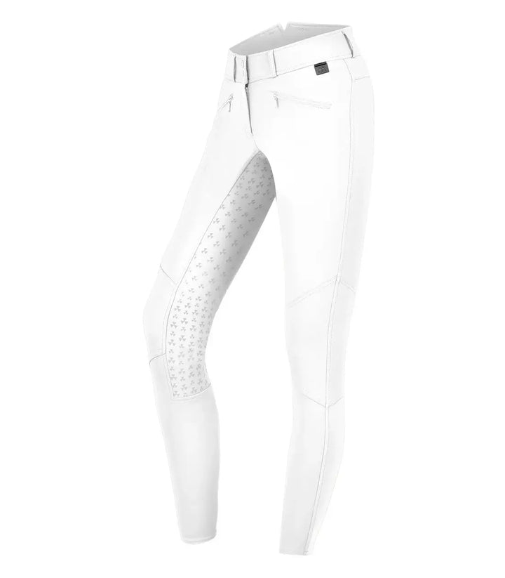 White ELT Hella High Waist Silicone Breeches with silicone full seat, zip pockets, and breathable, water-repellent material.