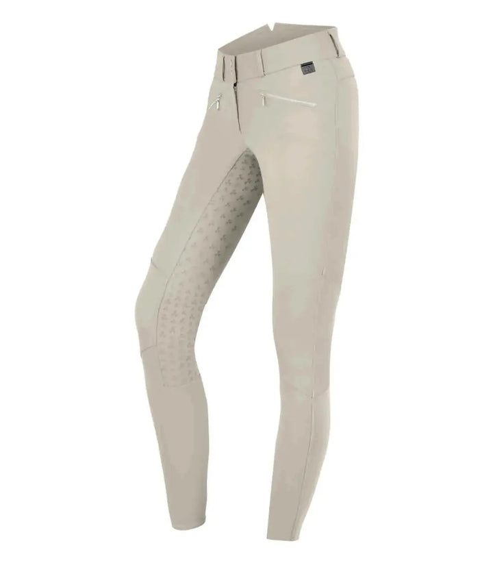 Beige ELT Hella High Waist Silicone Breeches featuring a silicone full seat, front zip pockets, and breathable, water-repellent fabric.
