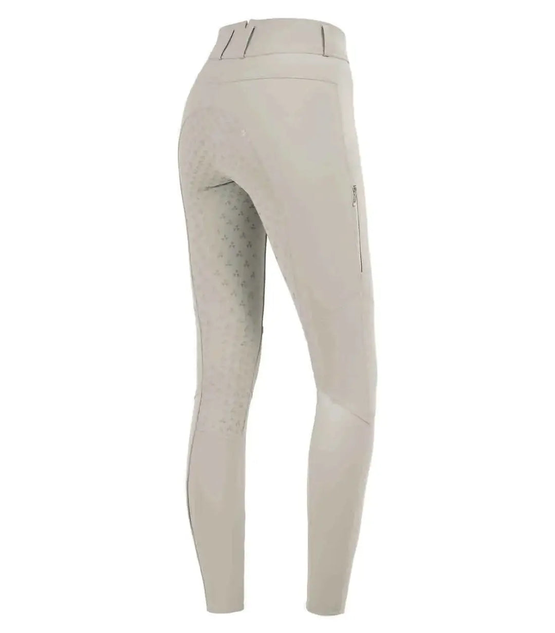 Back view of beige ELT Hella High Waist Silicone Breeches with silicone full seat, high waist design, and elastic leg cuffs.