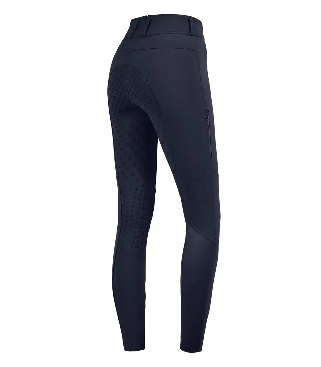 Back view of navy ELT Hella High Waist Silicone Breeches featuring silicone full seat, high waist, and elastic leg cuffs.