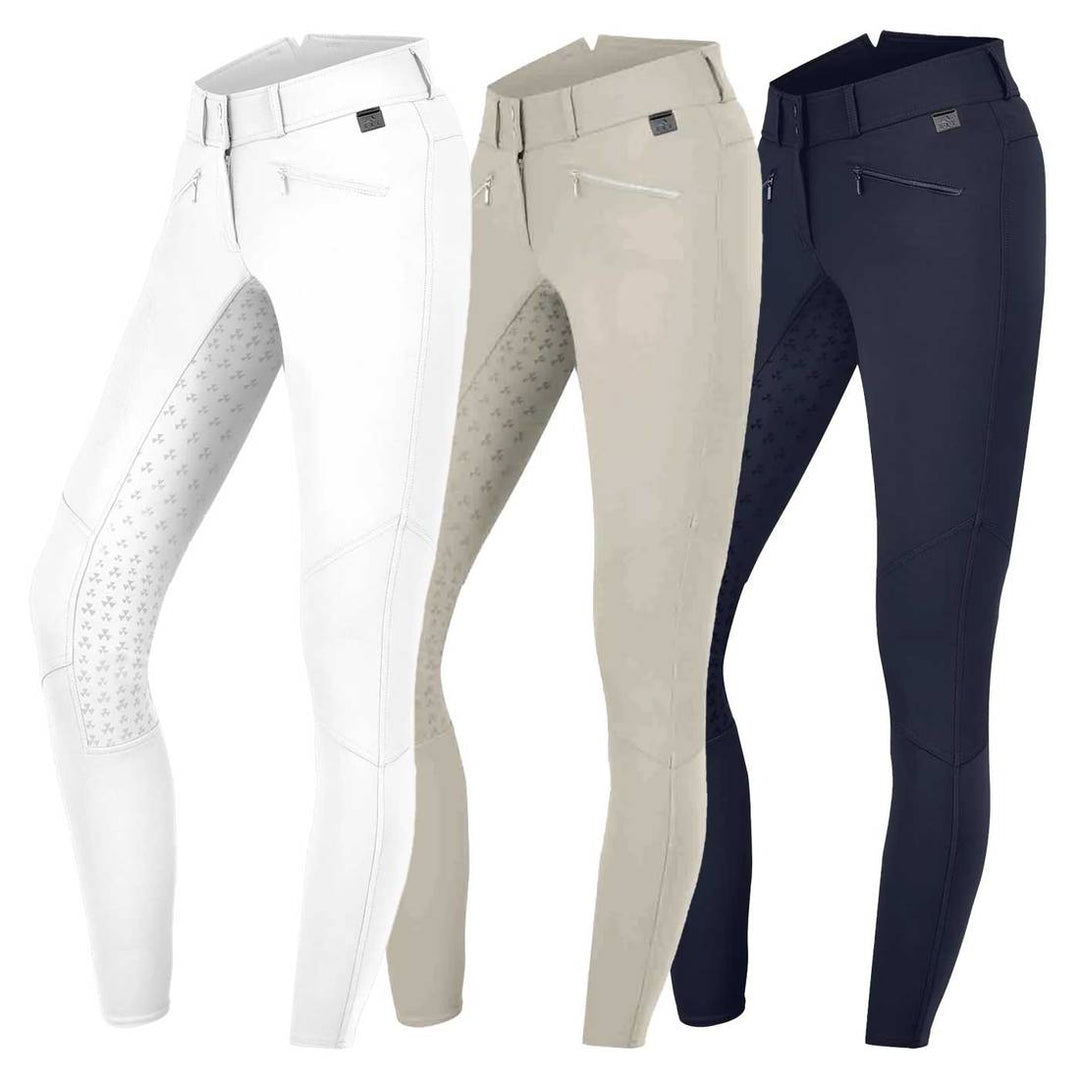 ELT Hella High Waist Silicone Breeches in white, beige, and navy colors with silicone full seat, zip pockets, and elastic leg cuffs.