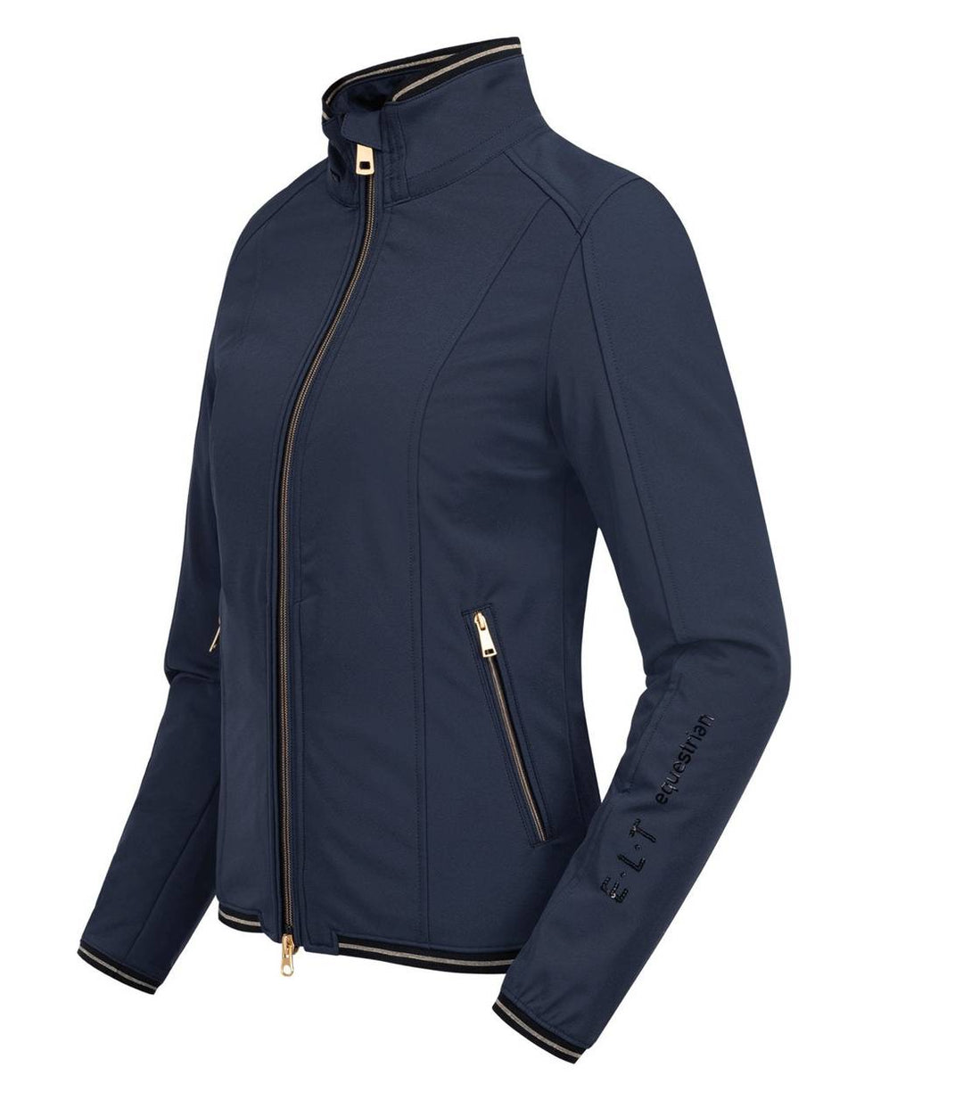 ELT Luxemburg Softshell Jacket in navy with gold-accented zippers and elastics, featuring a high collar and zip pockets for equestrians.