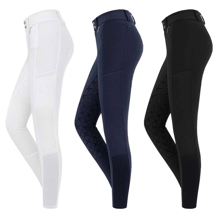 ELT Microsport High Waist Breeches in white, navy, and black colors. Features bi-elastic breathable material, silicone seat, and elastic leg cuffs.