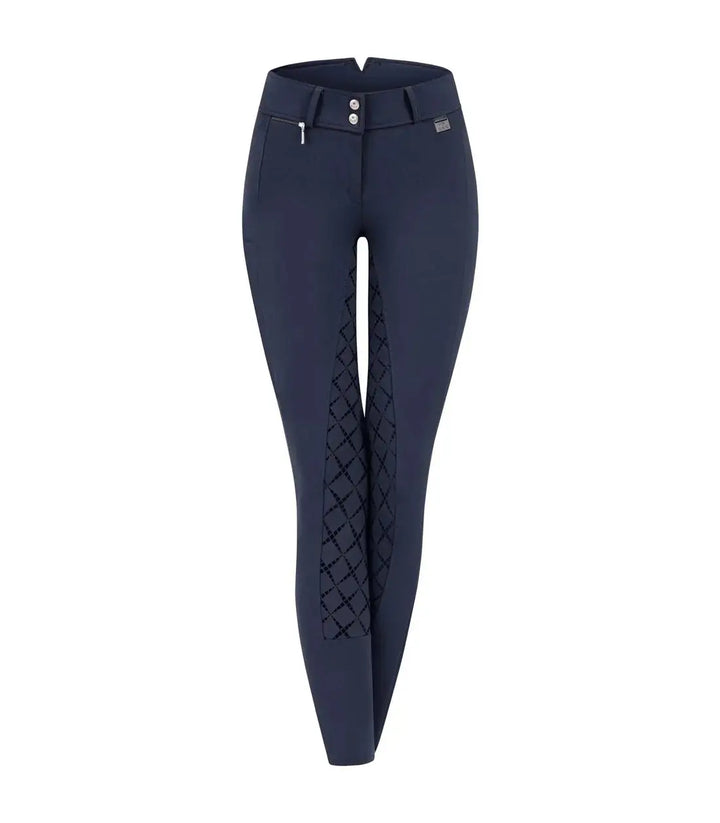 Front view of navy ELT Microsport High Waist Breeches featuring silicone seat, belt loops, and breathable bi-elastic fabric.