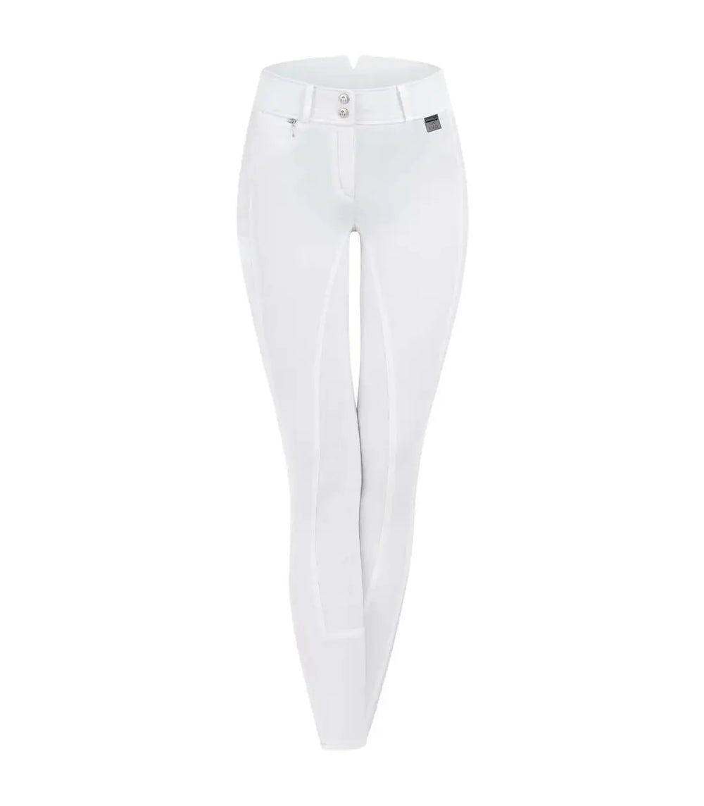 Front view of white ELT Microsport High Waist Breeches with belt loops, mobile phone pocket, and bi-elastic breathable fabric.