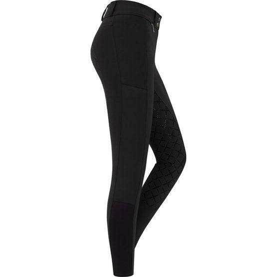 Side view of black ELT Microsport High Waist Breeches with mobile phone pocket and elastic leg cuffs for a secure fit.
