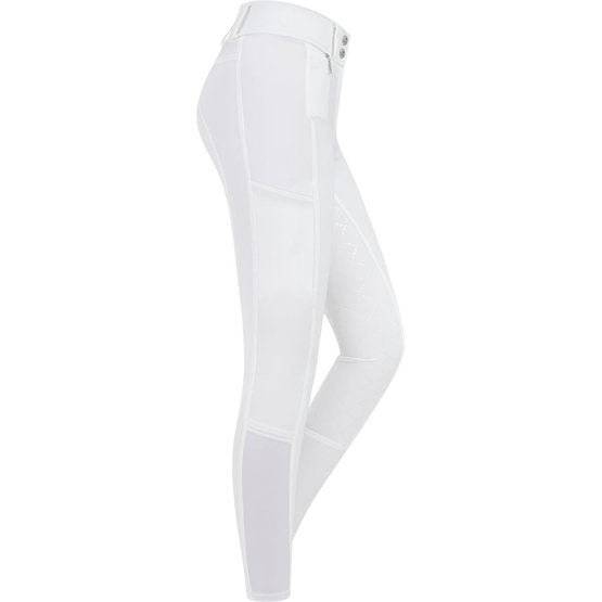 Side view of white ELT Microsport High Waist Breeches with mobile phone pocket and breathable micro material.