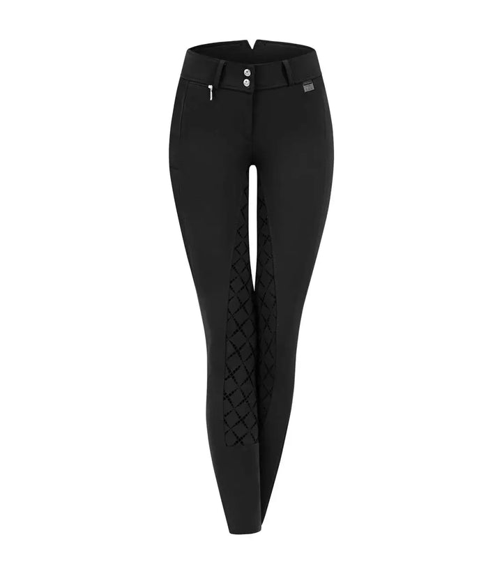 Front view of black ELT Microsport High Waist Breeches with silicone seat, belt loops, and breathable bi-elastic material.