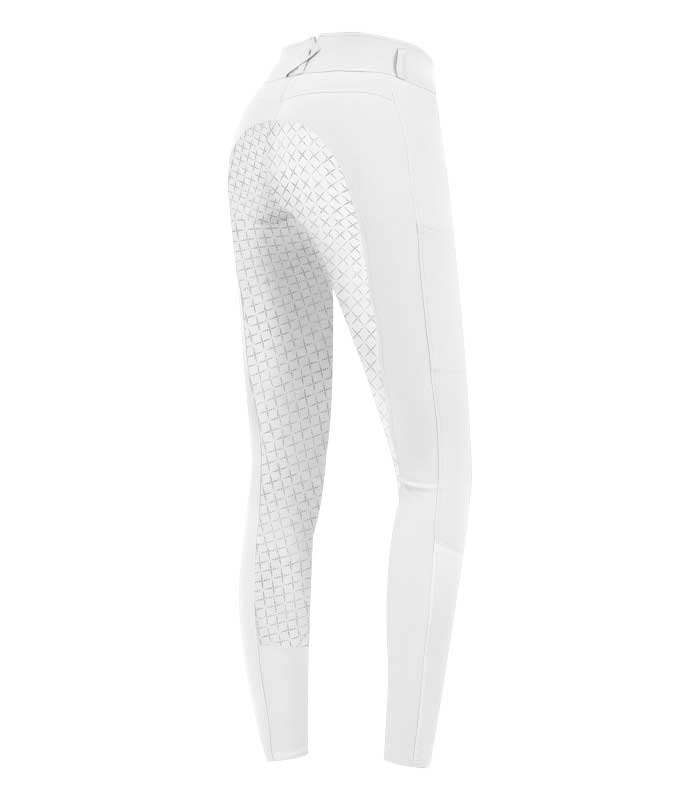 Rear view of white ELT Microsport High Waist Breeches showcasing full silicone seat and ergonomic high-waist design.