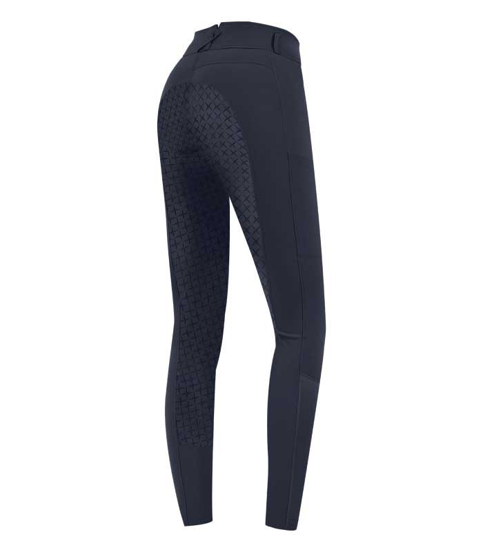 Rear view of navy ELT Microsport High Waist Breeches highlighting full silicone seat and ergonomic high-waist fit.