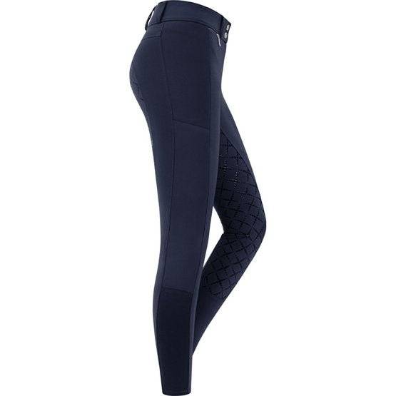 Side view of navy ELT Microsport High Waist Breeches with mobile phone pocket and elastic leg cuffs for comfort.
