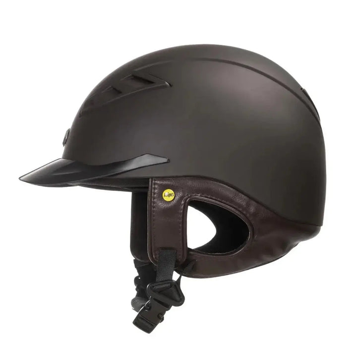 Side view of the Back On Track EQ3 Lynx Smooth Riding Helmet with MIPS in black and brown, designed for equestrian safety.