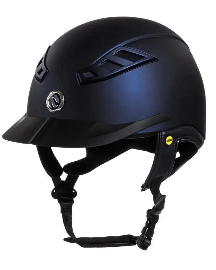 Back On Track EQ3 Lynx Smooth Riding Helmet with MIPS in black with a glossy finish, designed for equestrian safety and comfort.