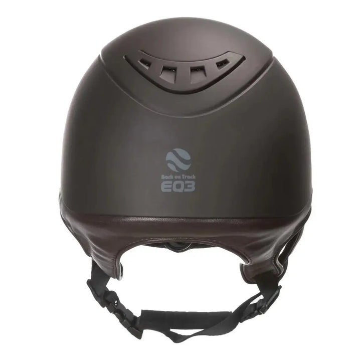 Rear view of the Back On Track EQ3 Lynx Smooth Riding Helmet with MIPS in black and brown, highlighting its ergonomic design.