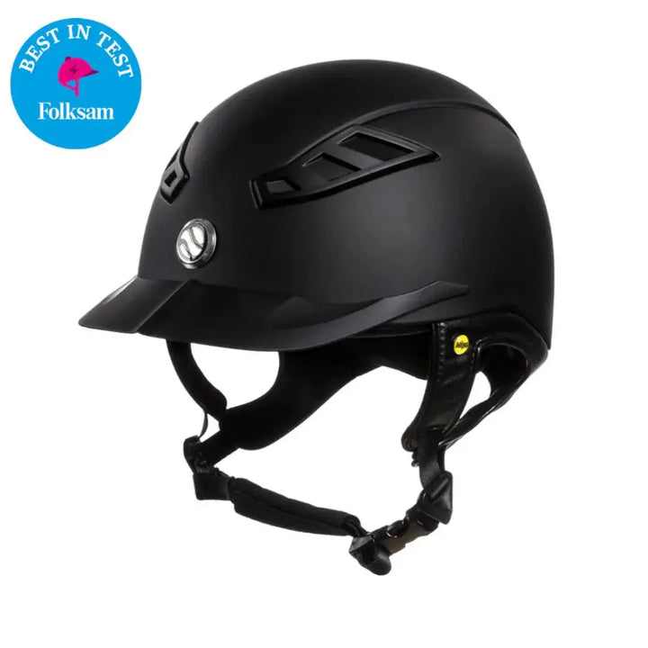 Back On Track EQ3 Lynx Smooth Riding Helmet with MIPS in black, awarded 'Best in Test' by Folksam for safety and performance.