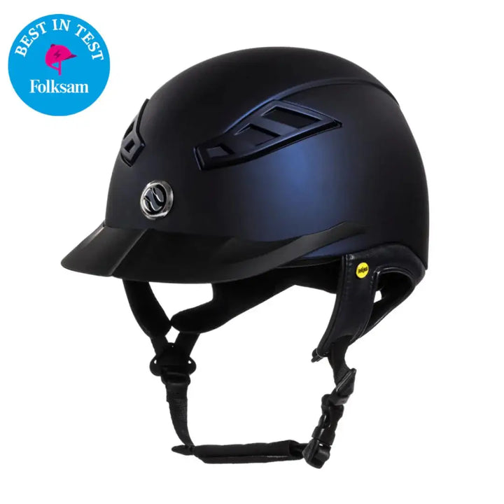 Back On Track EQ3 Lynx Smooth Riding Helmet with MIPS in glossy black, recognized as 'Best in Test' by Folksam for equestrian safety.