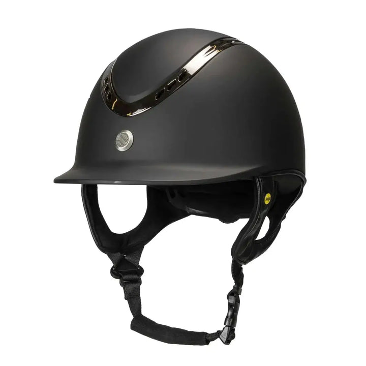 Back On Track EQ3 Pardus Smooth Horse Riding Helmet with MIPS in black, featuring a sleek design with a chin strap for secure fit.