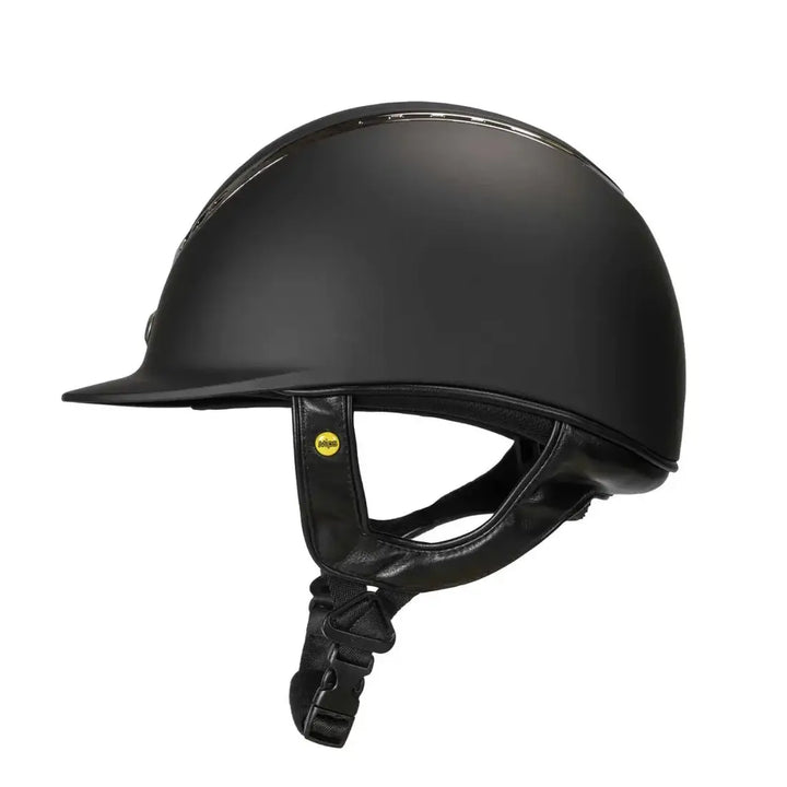Side view of the Back On Track EQ3 Pardus Smooth Horse Riding Helmet with MIPS in black, showing its streamlined profile and chin strap.