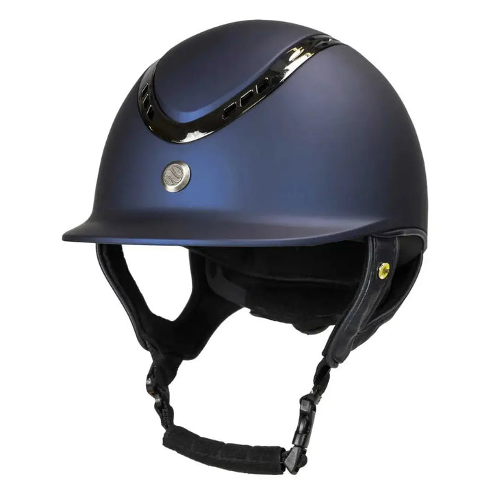 Back On Track EQ3 Pardus Smooth Horse Riding Helmet with MIPS in blue, showcasing its glossy finish and secure chin strap.