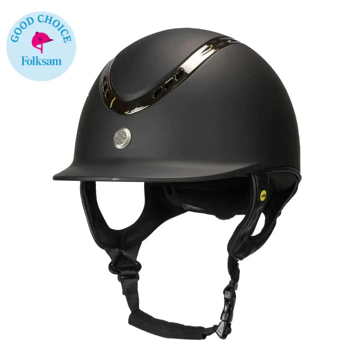 Back On Track EQ3 Pardus Smooth Horse Riding Helmet with MIPS in black, awarded the 'Good Choice' badge by Folksam for safety and quality.