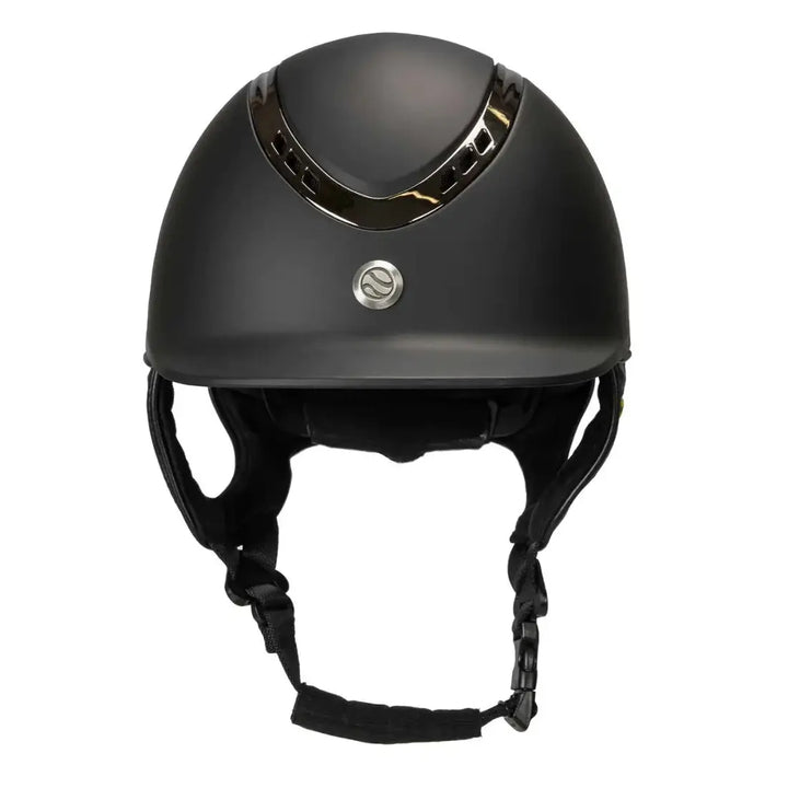 Front view of the Back On Track EQ3 Pardus Smooth Horse Riding Helmet with MIPS in black, emphasizing its polished finish and safety features.