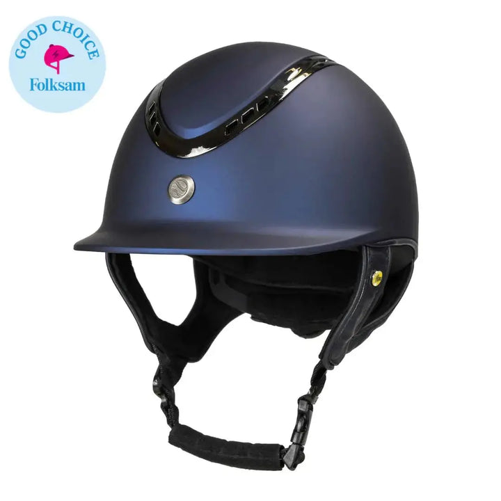Back On Track EQ3 Pardus Smooth Horse Riding Helmet with MIPS in blue, recognized with the 'Good Choice' badge by Folksam for safety and style.