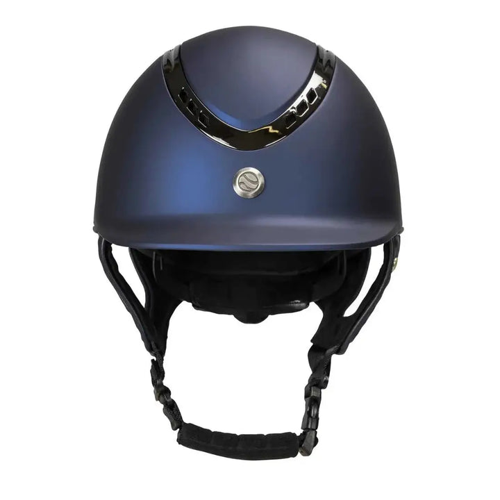 Front view of the Back On Track EQ3 Pardus Smooth Horse Riding Helmet with MIPS in blue, highlighting its modern design and ventilation.
